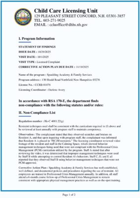 Spaulding Academy & Family Services — Statement Of Findings (October 2025)