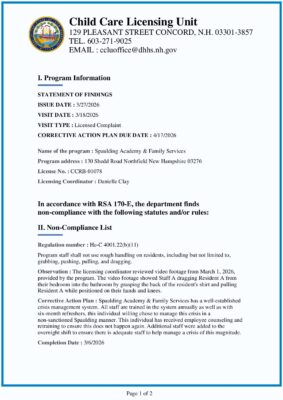 Spaulding Academy & Family Services — Corrective Action Plan (March 2026)