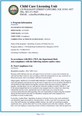 Spaulding Academy & Family Services — Compliance Statement Of Findings (August 2026)