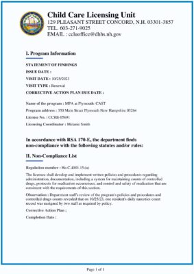 MPA At Plymouth CAST Program — State Licensing Renewal Inspection Report (October 2023)
