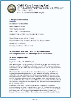 MPA At Plymouth — Child Care Licensing Statement Of Findings (May 2024)