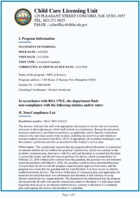 MPA At Rumney — State Licensing Complaint Visit (March 2026)