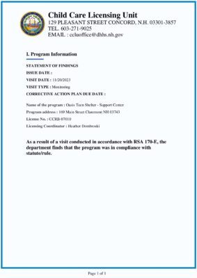 Oasis Teen Shelter - Support Center — Monitoring Visit (November 2023)