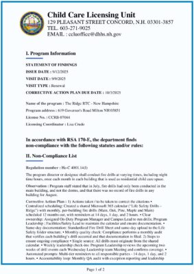The Ridge RTC - New Hampshire — State Licensing Statement Of Findings (September 2025)