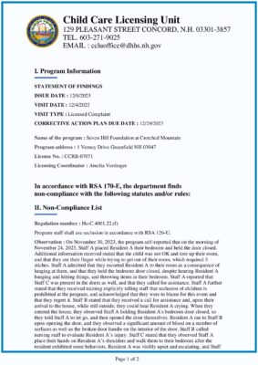 Seven Hills Foundation At Crotched Mountain — State Statement Of Findings (December 2023)