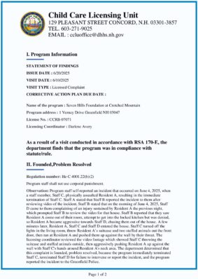 Seven Hills Foundation At Crotched Mountain — State Licensing Investigation Report (June 2025)