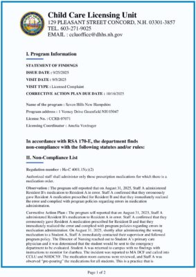 Seven Hills New Hampshire — State Licensing Complaint And Statement Of Findings (September 2025)