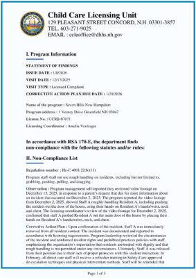 Seven Hills New Hampshire — State Licensing Statement Of Findings (January 2026)