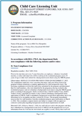 Seven Hills New Hampshire — Child Care Licensing Unit Statement Of Findings (March 2026)