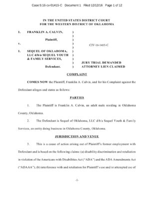 Calvin V Sequel Of Oklahoma Complaint