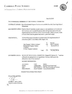 Cambridge Public Schools — Tuition Contracts Award (June 2019)