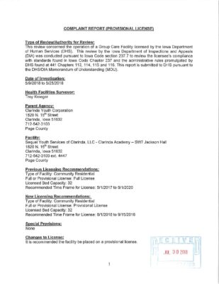 Clarinda Complaint 2018