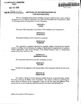 CTK Foundation — Articles Of Incorporation (November 2016)