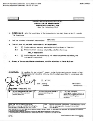 CTK Foundation — Articles Of Amendment (September 2019)