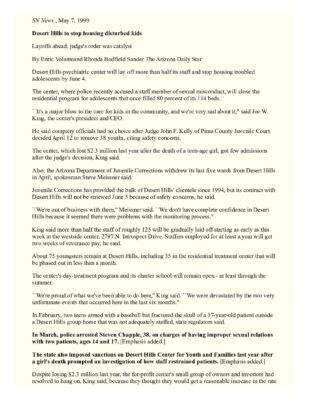 Desert Hills To Stop Housing Disturbed Kids (Arizona Daily Star, 1999-05-07)