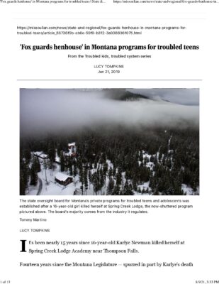 Montana Troubled Teen Programs — News Article (Jan 2019)
