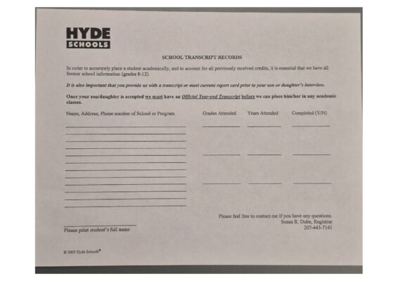 Hyde School Transcript Request 2005