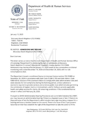 Letter Lifting Admission Ban-Discovery Ranch Mapleton