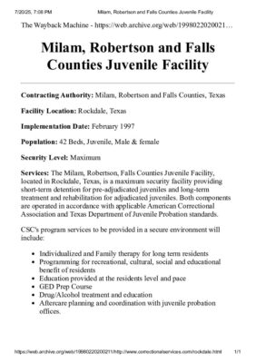 Milam, Robertson And Falls Counties Juvenile Facility