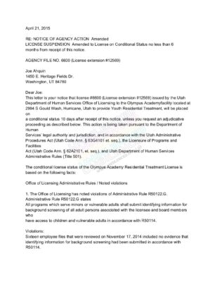 Olympus Academy Notice Of Agency Action (Utah Dhs, 2015-04-21)