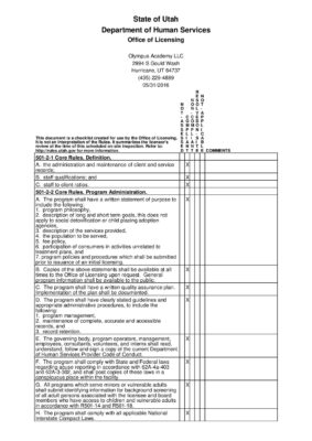 Olympus Academy Licensing Inspection Checklist (Utah Dhs, 2016-05-31)