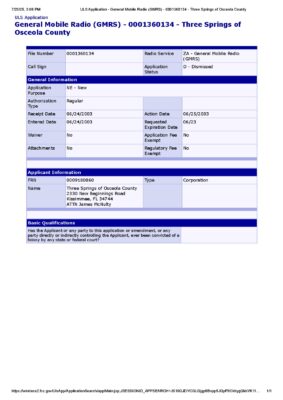 ULS Application - General Mobile Radio (Gmrs) - 0001360134 - Three Springs Of Osceola County
