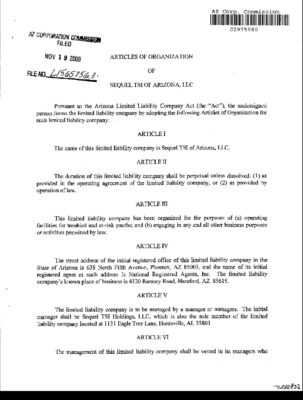 Sequel TSI Of AZ Articles Of Organization 2009