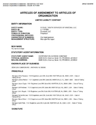 Sequelcare Of AZ Articles Of Amendment 2020