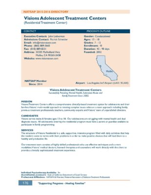 Visions Adolescent Treatment Centers 2015-2016 NATSAP Profile