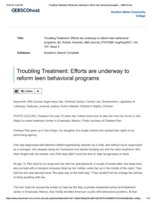 Troubling Treatment: Efforts Are Underway To Reform Teen Behavioral Programs — News Clipping (Aug/Sep 2021)