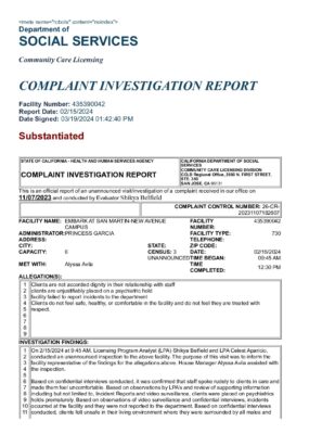 Embark At San Martin - New Avenue Campus — Complaint Investigation Report (February 2024)