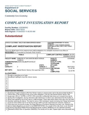 Embark At San Martin-New Avenue Campus — Complaint Investigation Report (June 2023)