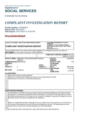 Embark At San Martin — Unsubstantiated Complaint Investigation Report (August 2024)