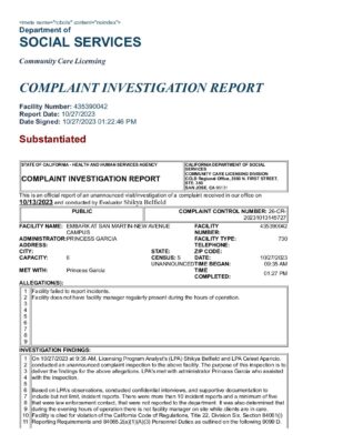 Embark At San Martin-New Avenue Campus — State Complaint Investigation Report (October 2023)