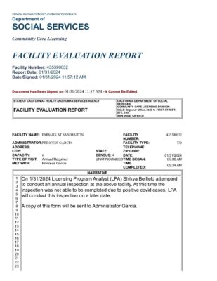 Embark At San Martin — State Facility Evaluation Report (January 2024)