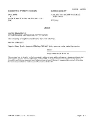 Doe V Hyde Woodstock 0524 Continuance Granted