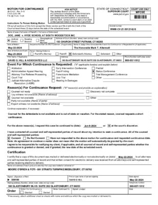 Doe V Hyde Woodstock 05244 Continuance Req