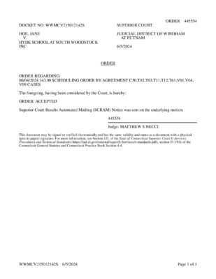 Doe V Hyde Woodstock 0624 Scheduling Order