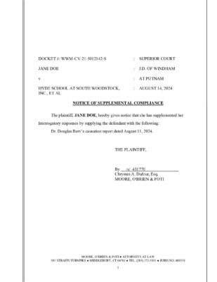 Doe V Hyde Woodstock 0824 Supplemental Compliance