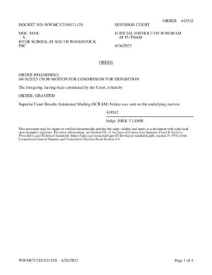 Doe V Hyde Woodstock Deposition Granted 2