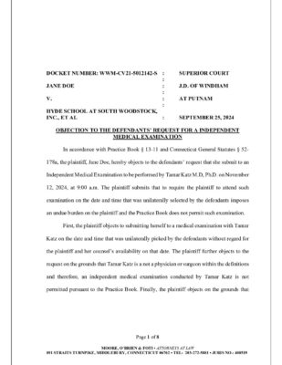 Doe V Hyde Woodstock Exam Objection