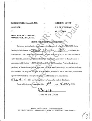 Doe V Hyde Woodstock Hearing Order 0321