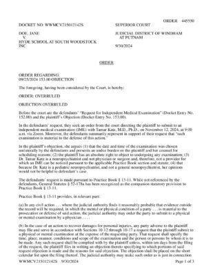 Doe V Hyde Woodstock Katz Objection Overruled
