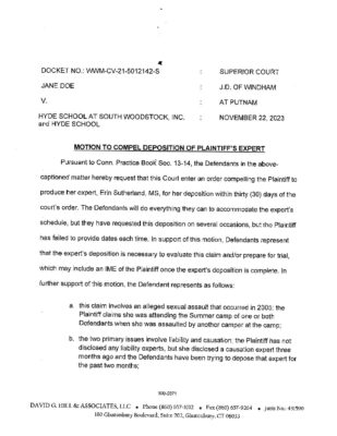 Doe V Hyde Woodstock Motion Deposition Plaintiff Expert