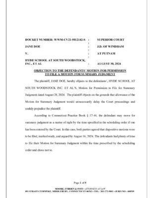 Doe V Hyde Woodstock Objection Permission To File