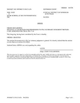 Doe V Hyde Woodstock Permission To File Granted