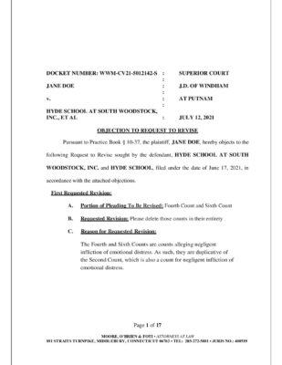 Doe V Hyde Woodstock Request To Revise Objection