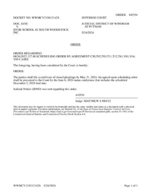Doe V Hyde Woodstock Scheduling Order 0524