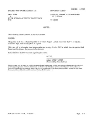 Doe V Hyde Woodstock Scheduling Order 0722