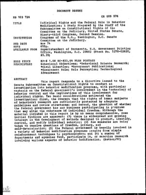Individual Rights And The Federal Role In Behavior Modification